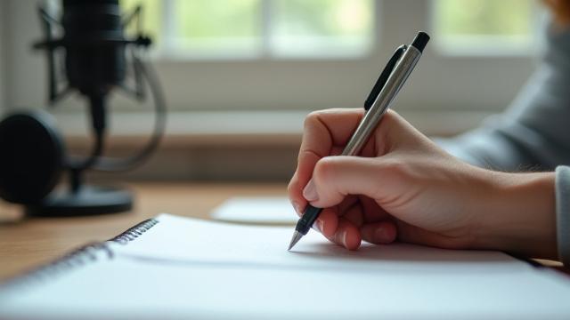 Persona escribiendo un guion con un micrófono y auriculares en segundo plano